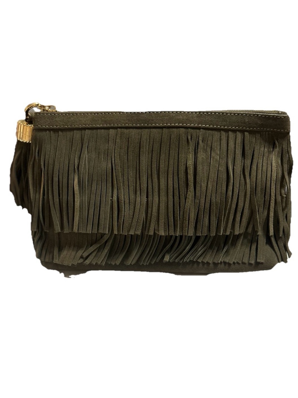 India Hicks Dougal Olive Green Suede Fringe Clutch Wristlet Tassel